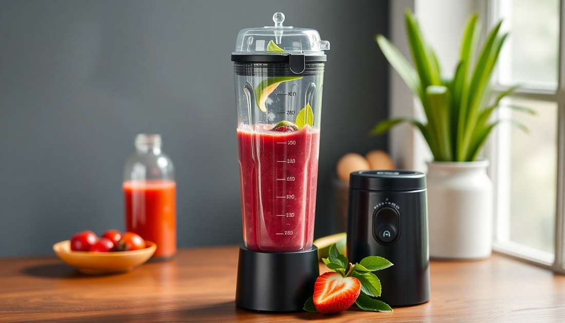 Portable blender filled with red smoothie on wooden table showcasing best portable blenders 2025