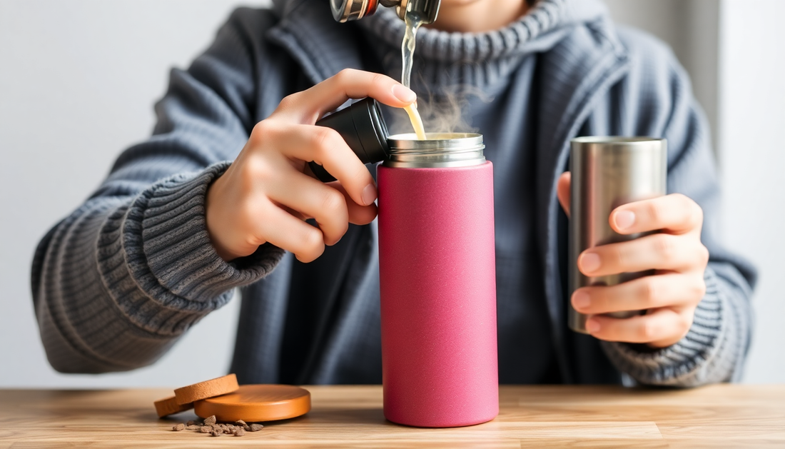 Person pouring hot liquid into a red flask with temperature control flasks guide for beverage insulation
