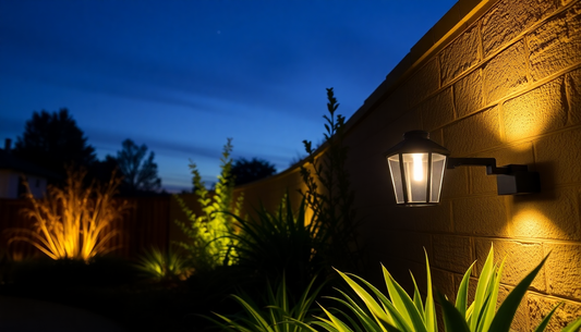 Solar outdoor wall lights illuminating a garden at dusk