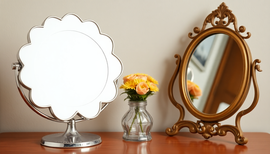 A flower-shaped makeup mirror next to a traditional mirror