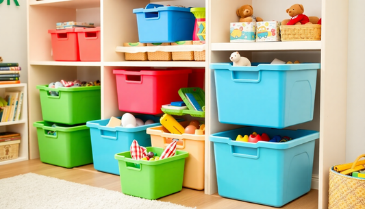 Colorful organized toy storage bins in a playroom
