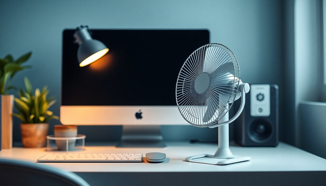 Modern workspace featuring a portable desk fan benefits with computer, lamp, and plant on the desk