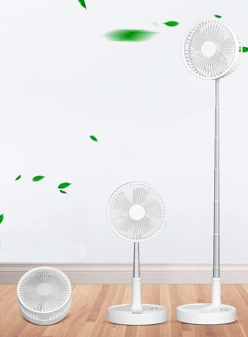 Livingdot adjustable standing fan in white shown at three different height settings on wooden floor