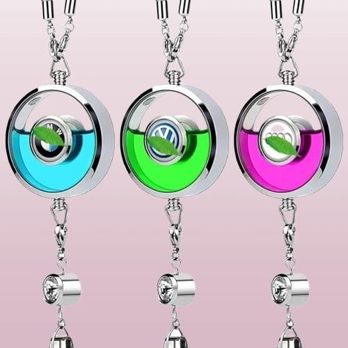 Livingdot auto air freshener pendant set with blue green and purple liquid and silver chains