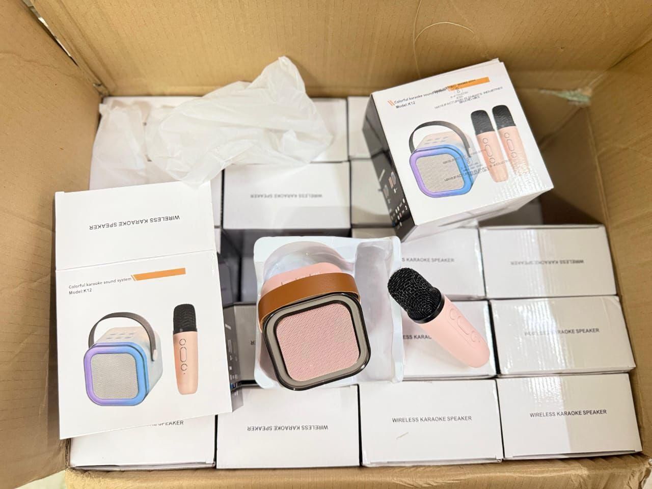Livingdot Bluetooth microphone speaker in pink with wireless karaoke speaker packaging in a box