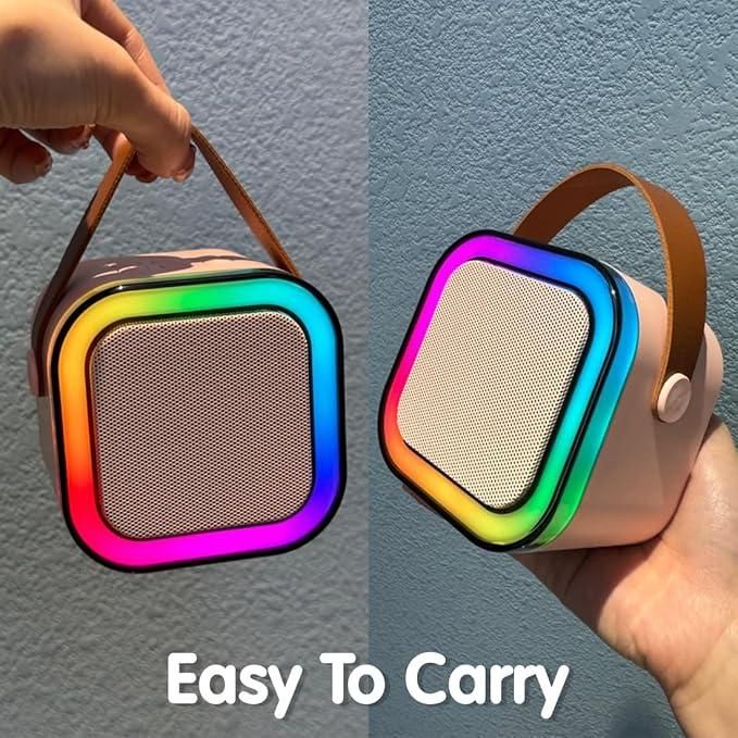Livingdot Bluetooth microphone speaker with colorful LED light frame and brown carrying strap