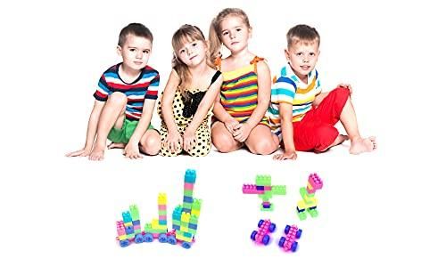 Four kids sitting with colorful children's building block set pieces arranged in front of them