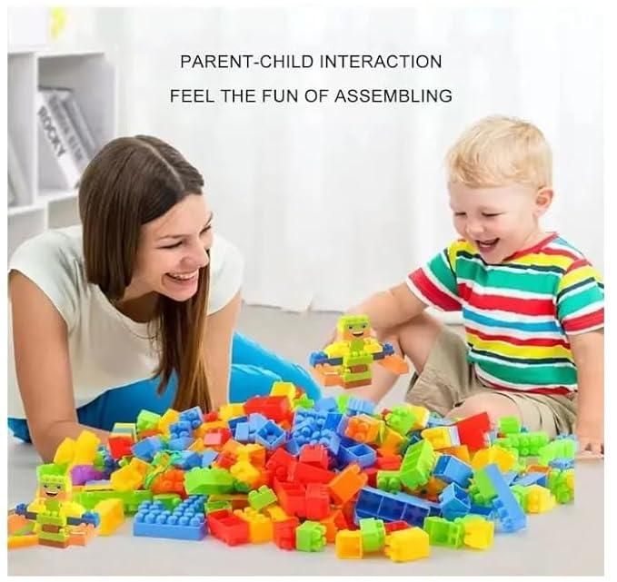 Parent and child playing with colorful children's building block set on the floor for fun assembly