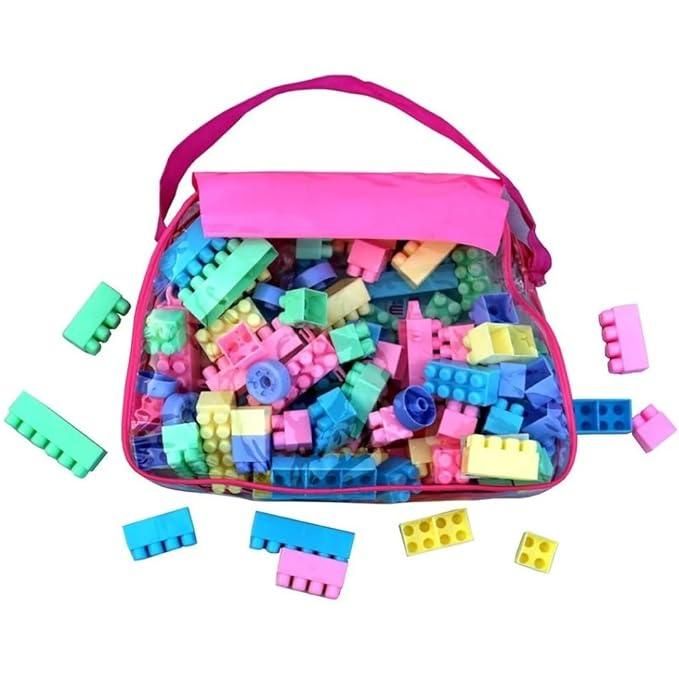 Livingdot children's building block set with colorful blocks in a pink carry bag for creative play