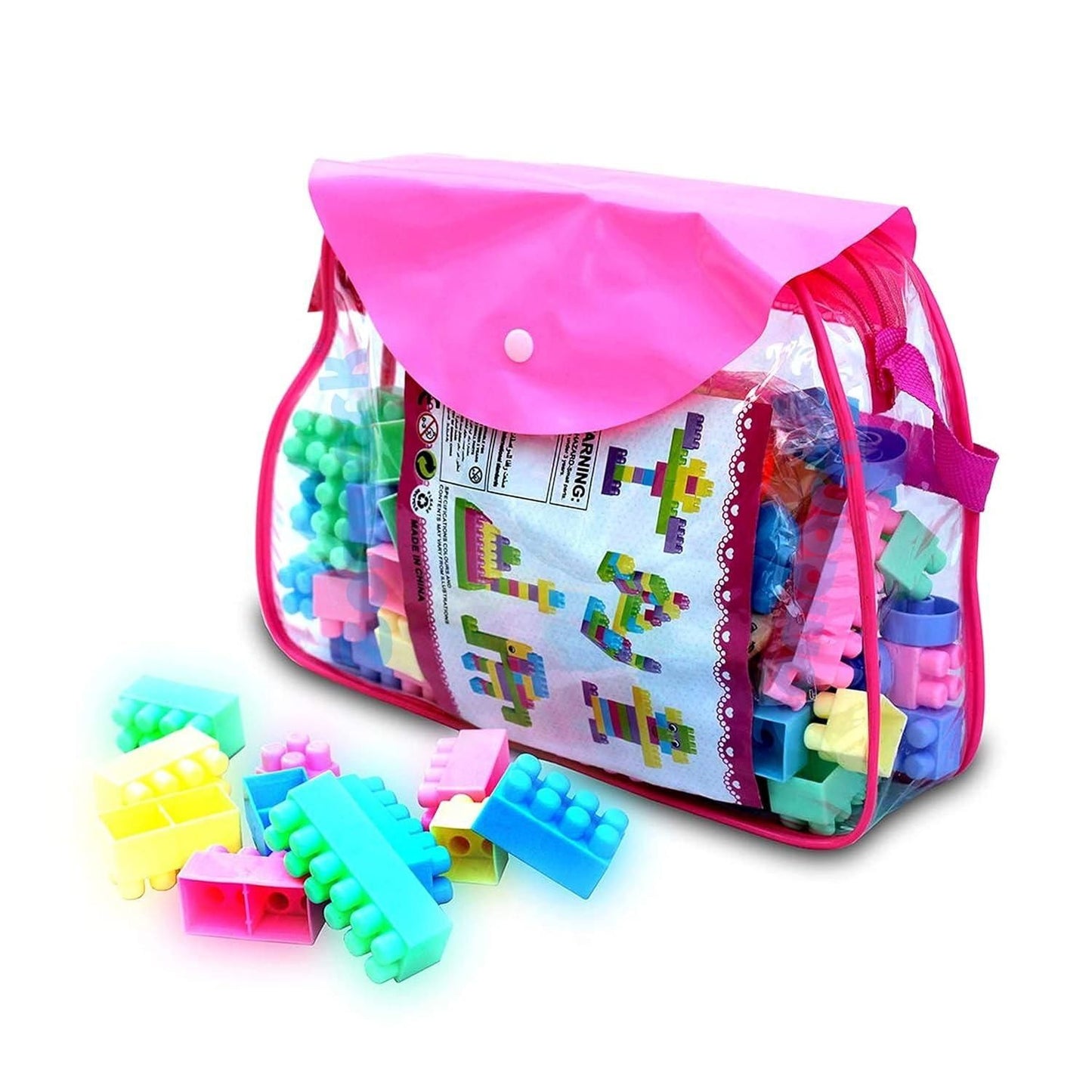 Livingdot children's building block set with colorful blocks in a pink transparent carrying bag