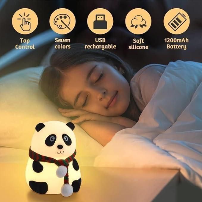 Cute panda night light with soft silicone, seven colors, USB rechargeable and tap control beside sleeping woman
