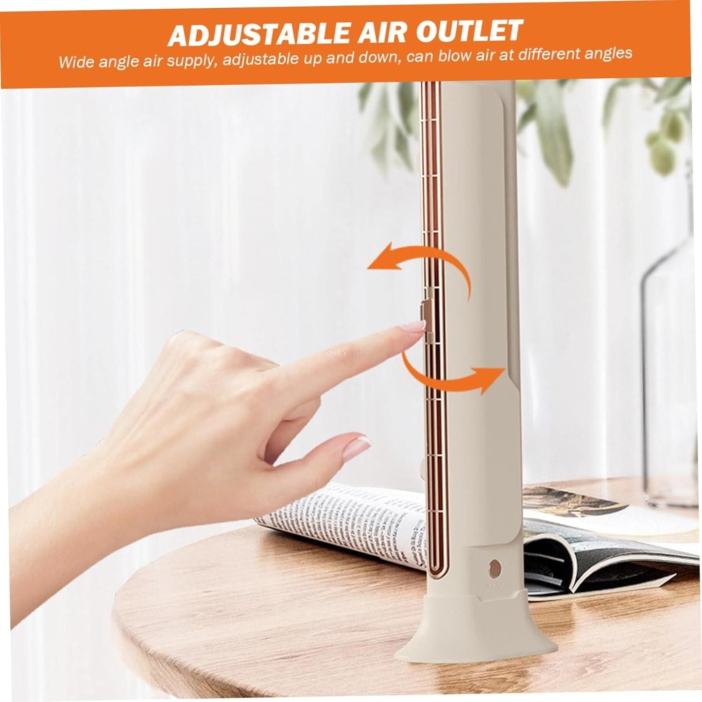 Livingdot desktop USB AC fan with adjustable air outlet showing hand adjusting airflow direction