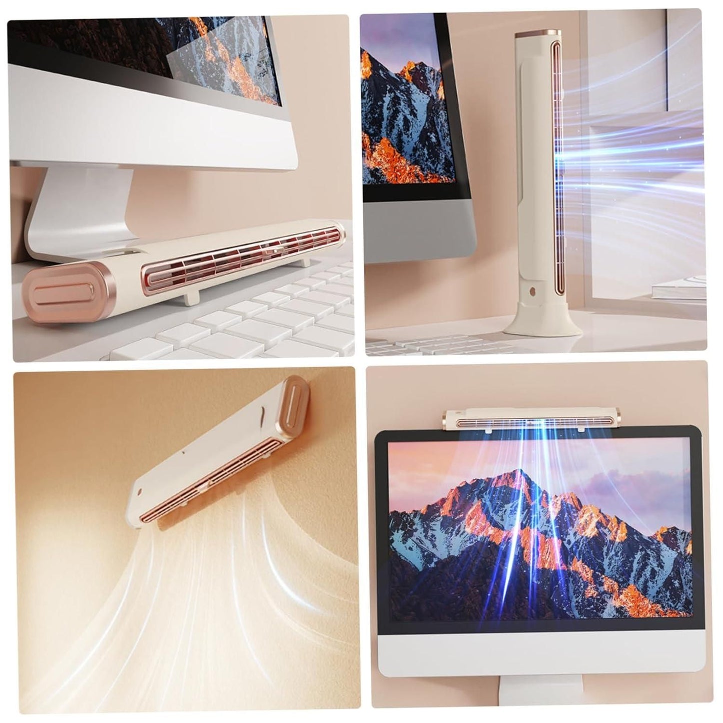 Livingdot desktop USB AC fan shown in various positions including horizontal, vertical, and wall-mounted near a computer