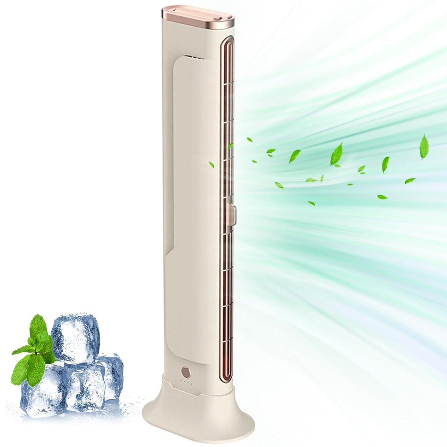 Livingdot desktop USB AC fan in beige with slim tower design blowing cool air and fresh leaves