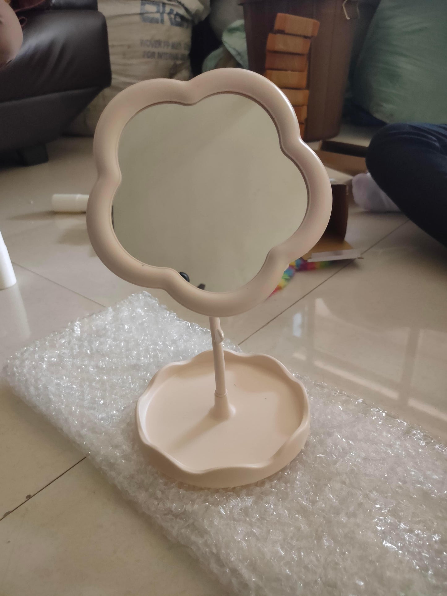 Livingdot flower shape makeup mirror in soft beige with built-in tray for cosmetics