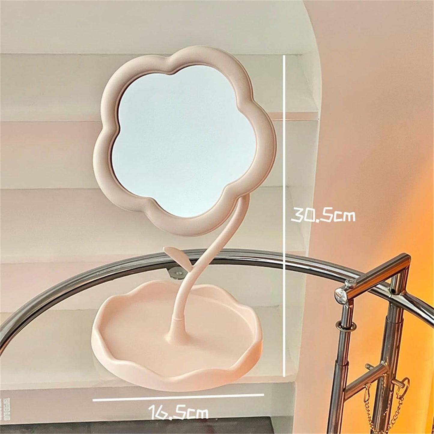 Livingdot flower shape makeup mirror with pink base and flexible stem measuring 30.5 cm tall