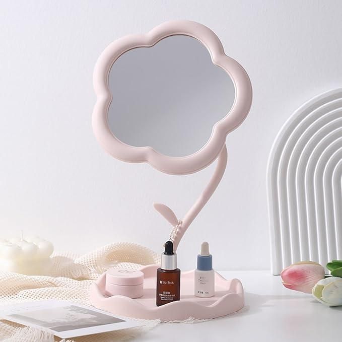 Livingdot flower shape makeup mirror in pink with flexible stand and storage tray for cosmetics