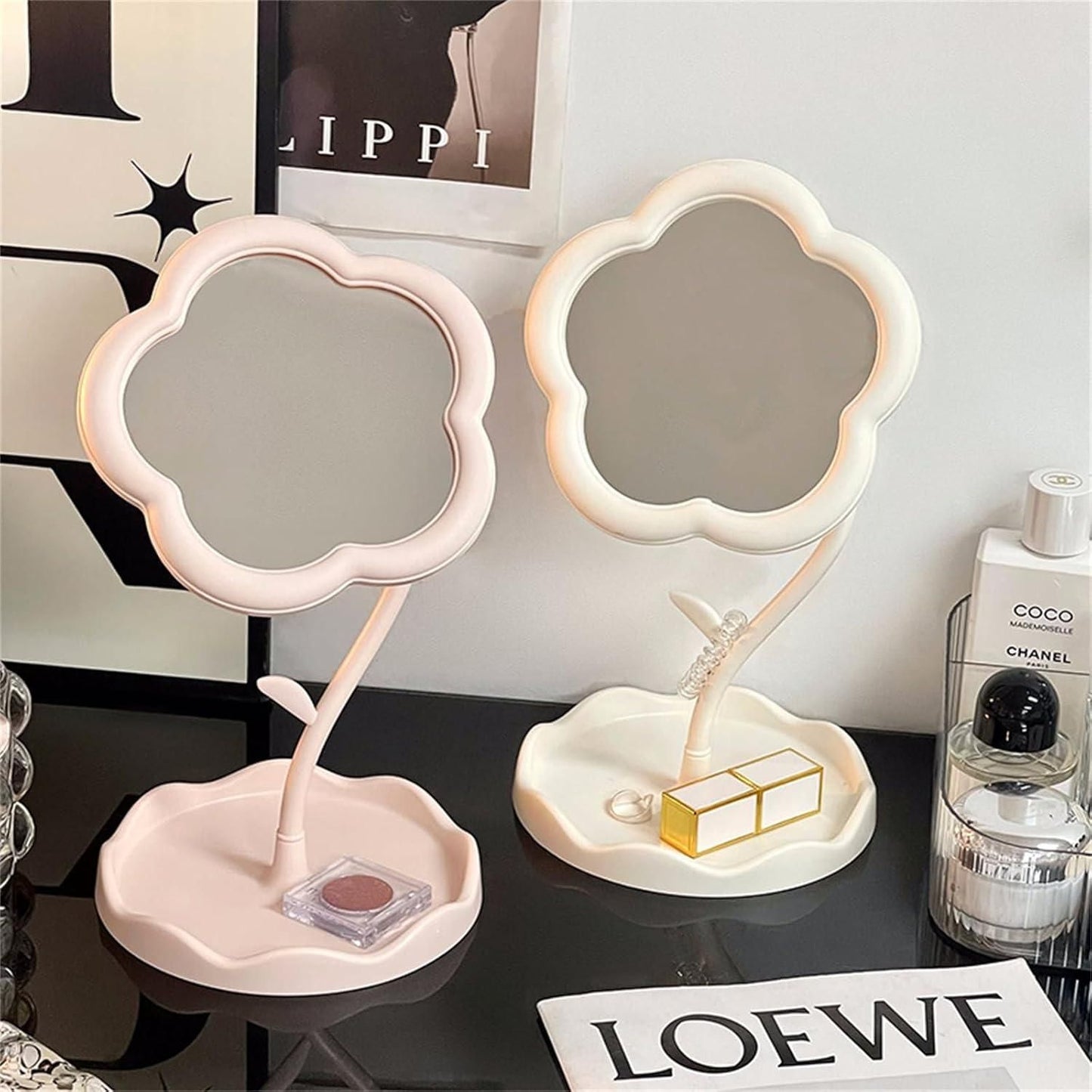 Livingdot flower shape makeup mirror in pink and white with flexible stand and tray for cosmetics