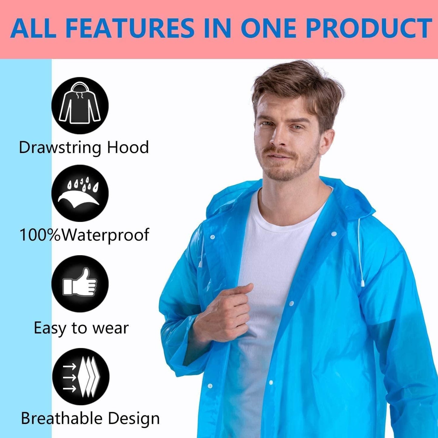 Man wearing blue waterproof transparent raincoat with drawstring hood and breathable design