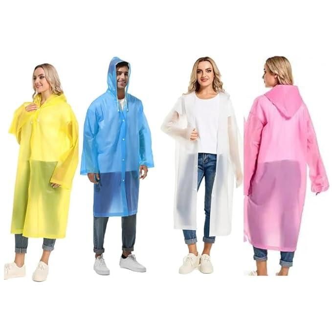 Livingdot waterproof transparent raincoat in yellow, blue, clear, and pink worn by models with hoods