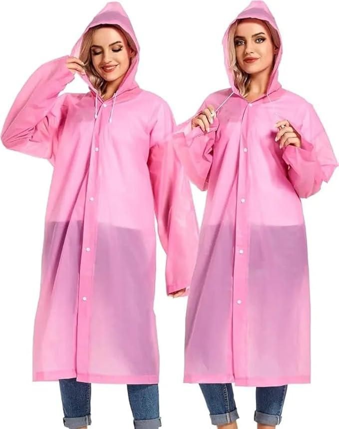 Livingdot waterproof transparent raincoat in pink with hood and front buttons for women