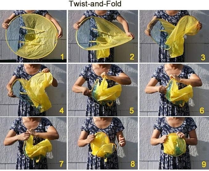 Step-by-step folding instructions for kid's duck rain cover in yellow demonstrating twist and fold method