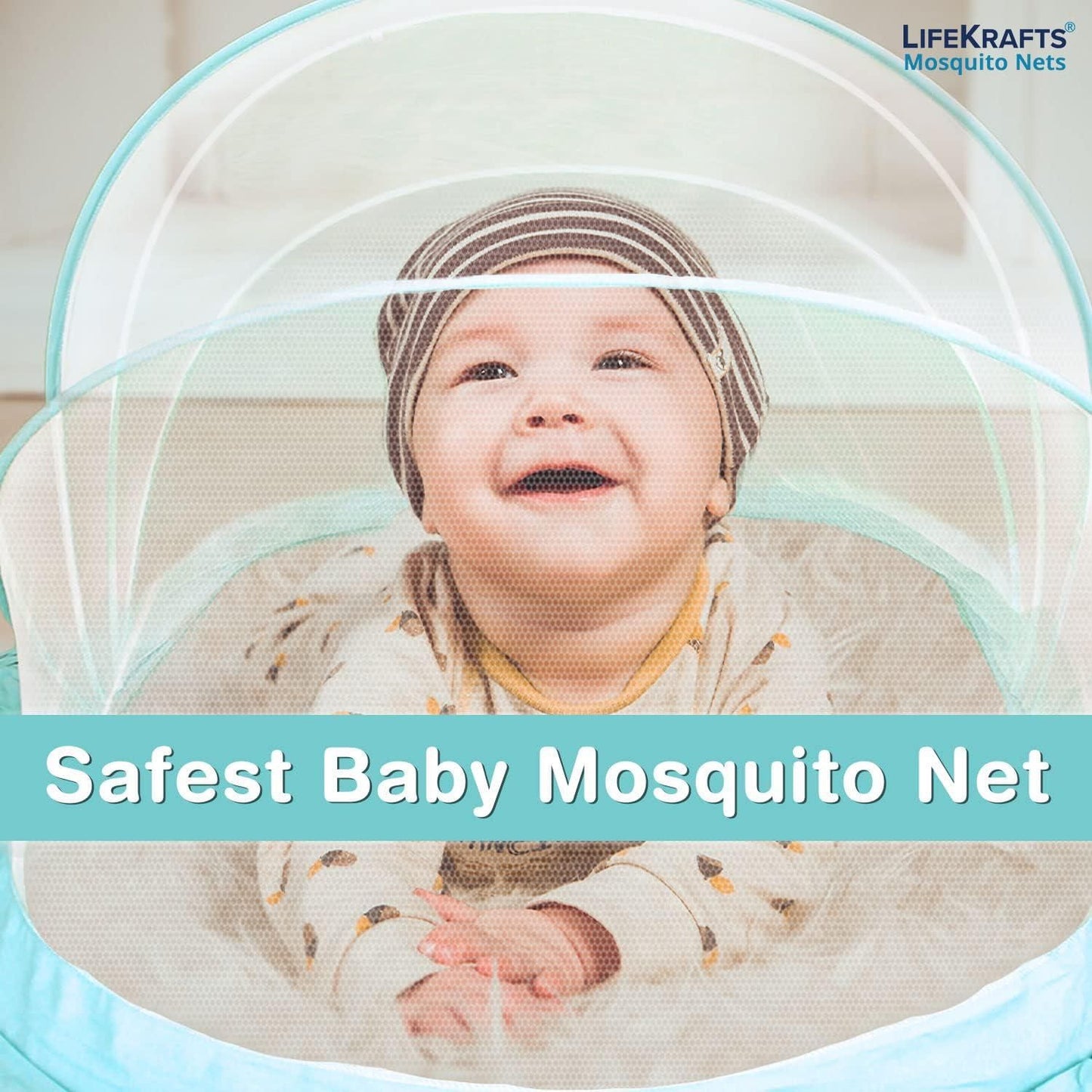 Happy baby protected inside the best mosquito net for baby by Livingdot for safe mosquito-free environment