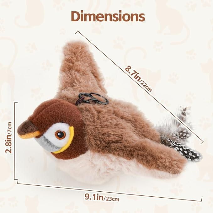 Realistic motion cat toy shaped like a brown bird with detailed feathers and soft fur
