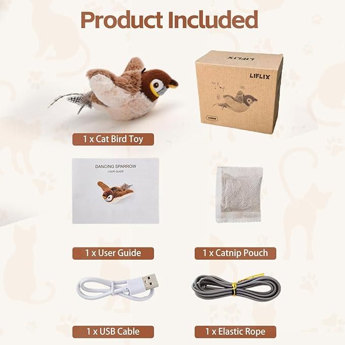 Realistic motion cat toy set including cat bird toy, user guide, catnip pouch, USB cable, and elastic rope