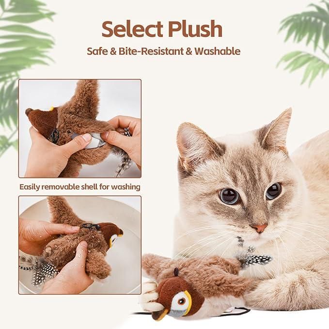 Realistic motion cat toy plush being cleaned and a cat playing with a safe and bite-resistant toy