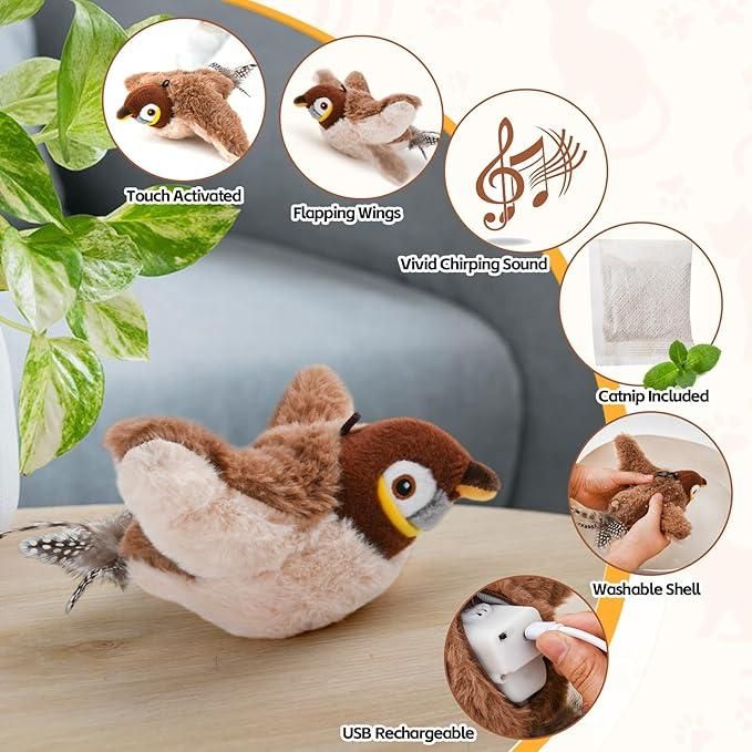 Realistic motion cat toy bird with touch-activated flapping wings and vivid chirping sound