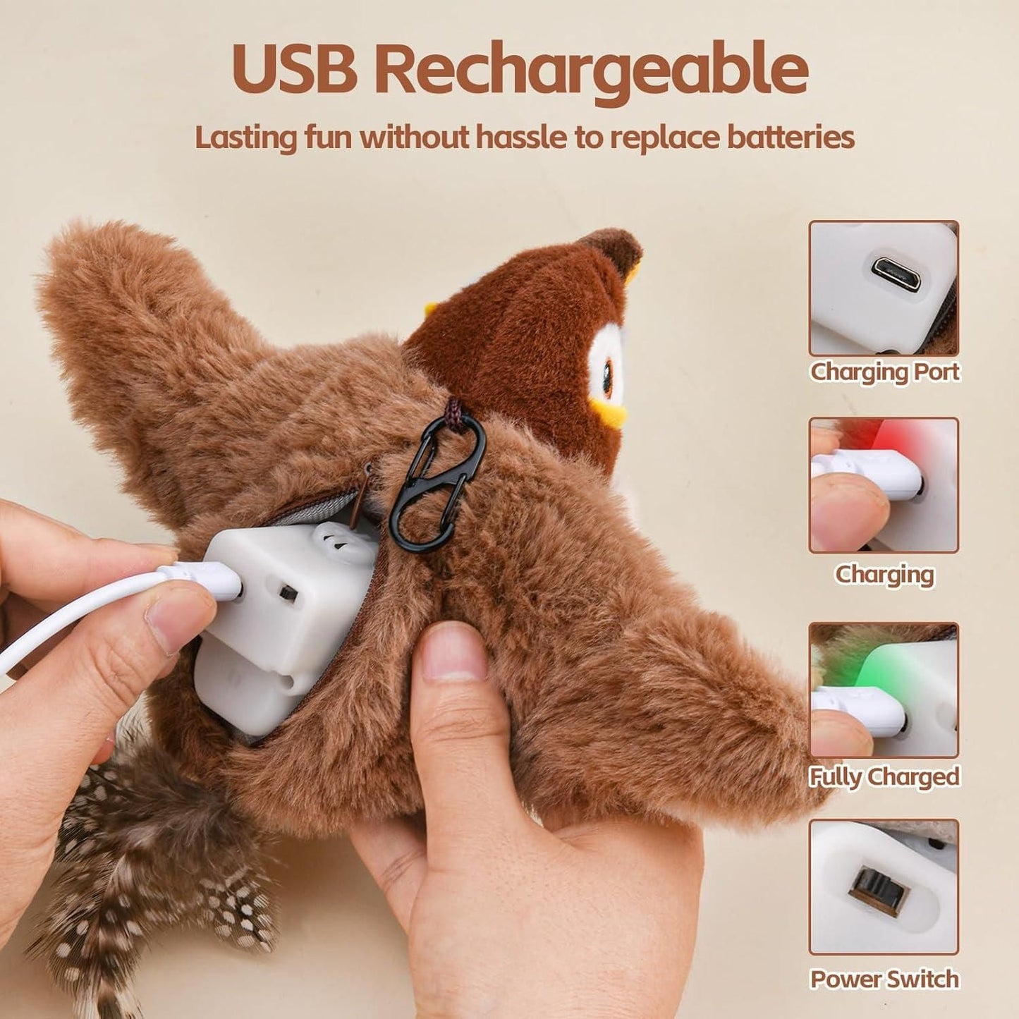 USB rechargeable realistic motion cat toy with plush bird design showing charging port and power switch
