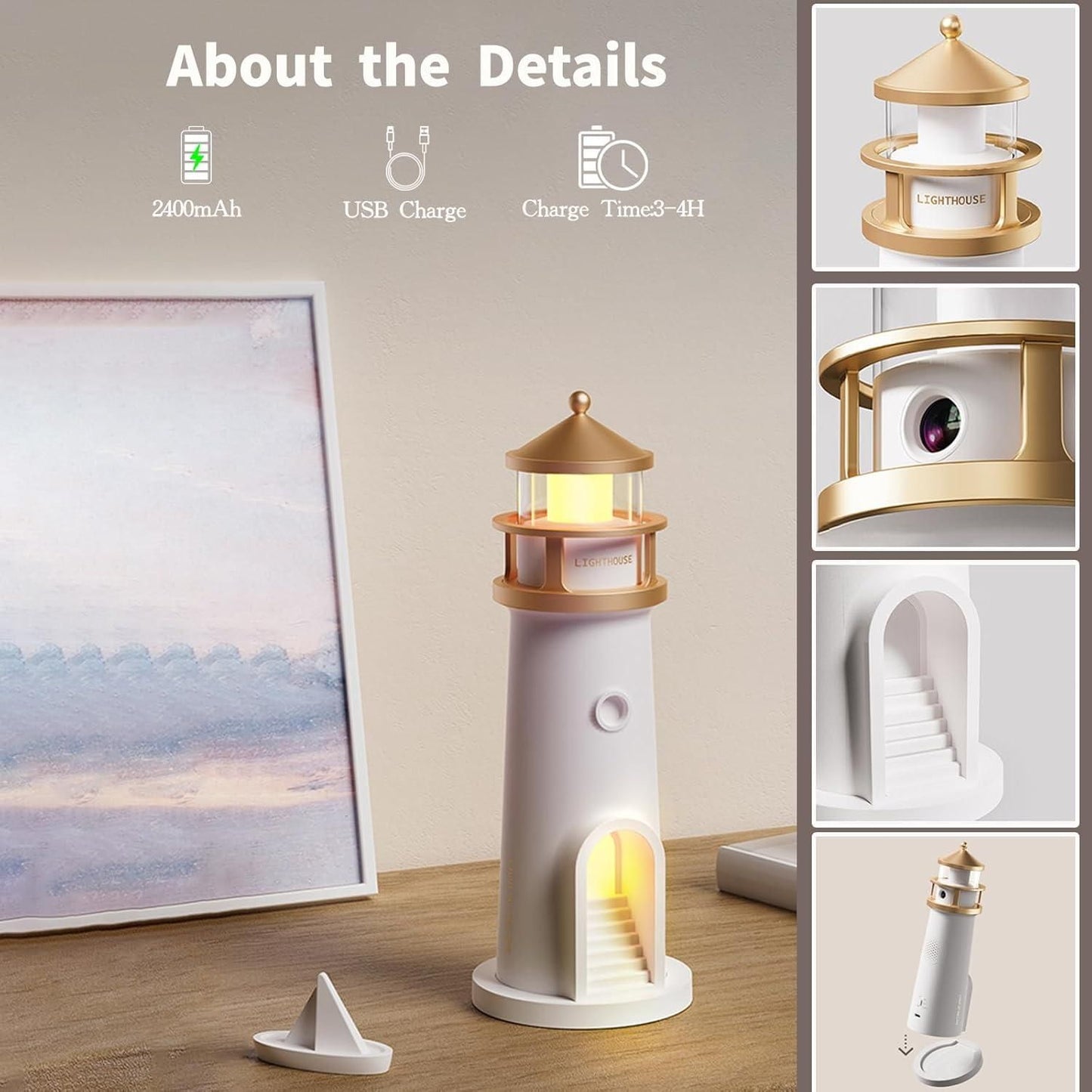 Livingdot lighthouse-shaped unique night light gift with USB charge and 2400mAh battery