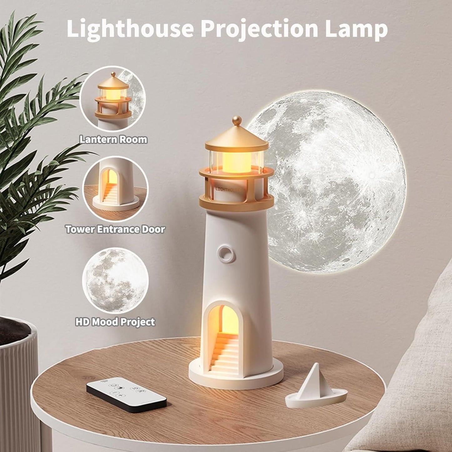 Livingdot lighthouse projection lamp on wooden table with moon projection unique night light gift