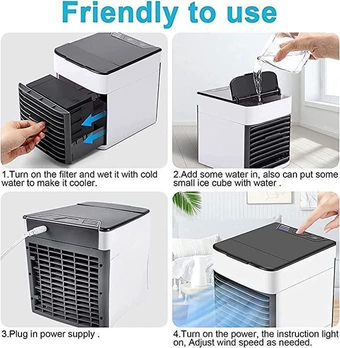 Livingdot mini air conditioner for home showing easy steps to fill water, plug in, and operate