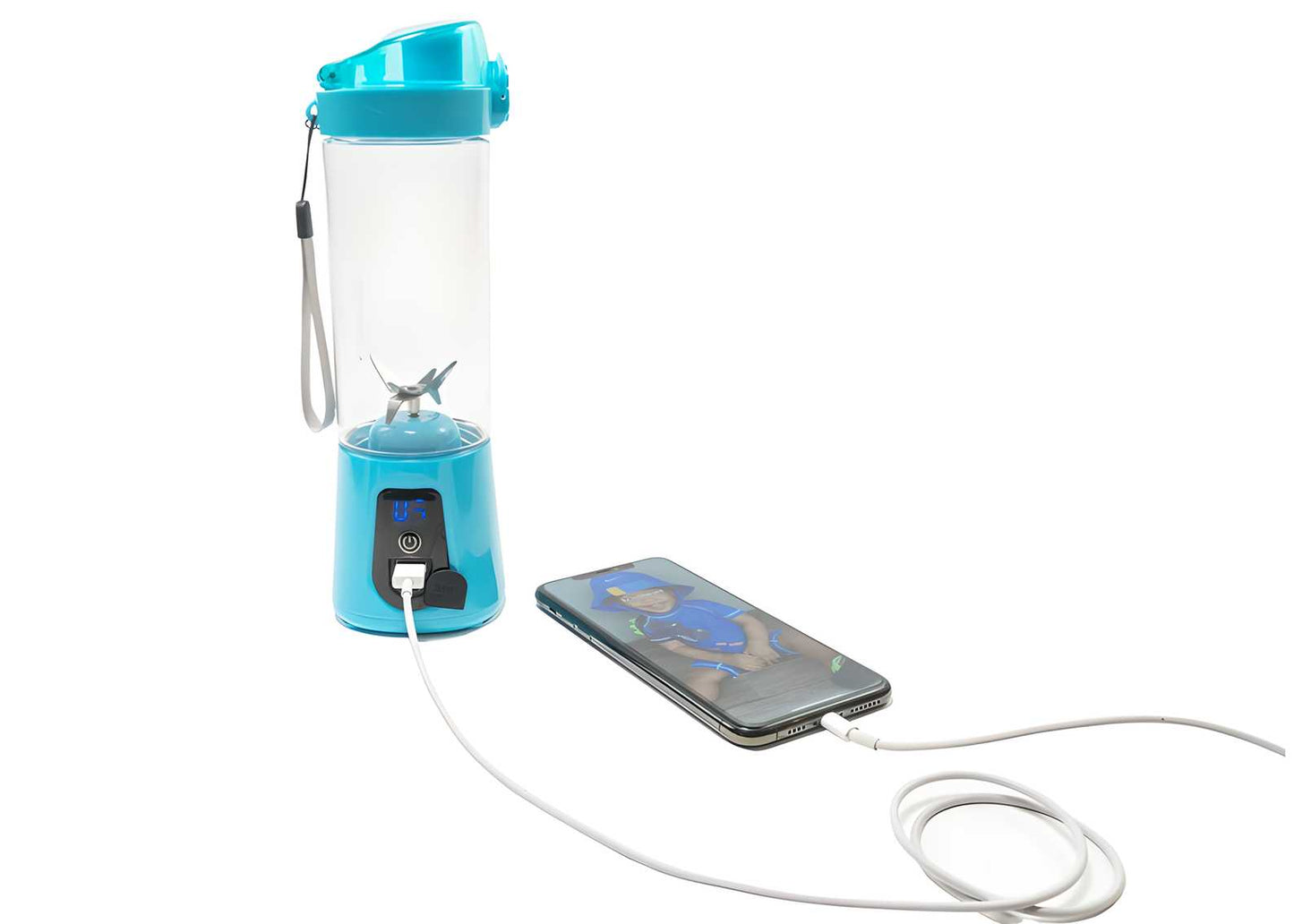 Blue multifunction blender with power bank charging a smartphone using a USB cable