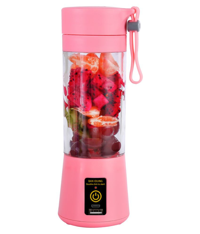 Pink multifunction blender with power bank filled with fresh fruit pieces for portable use