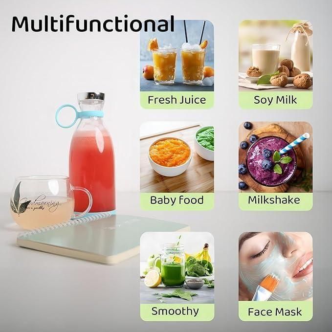 Livingdot portable mini juice blender showing multifunctional uses like fresh juice soy milk baby food milkshake smoothie and face mask