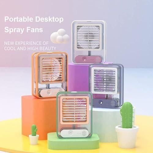Livingdot portable rechargeable misting fan in multiple colors on colorful blocks with small potted cacti