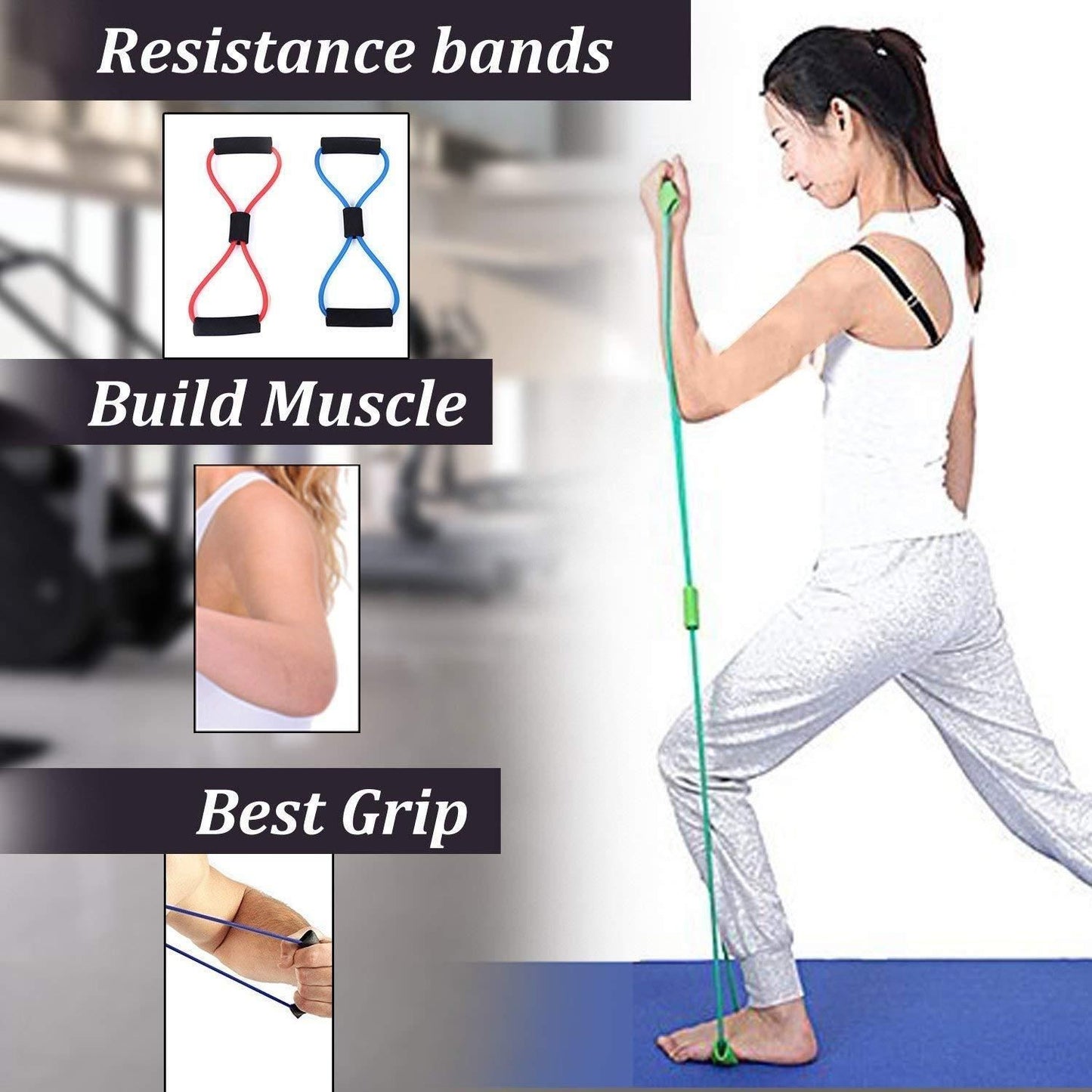 Woman exercising with green resistance bands for home gym to build muscle and improve grip