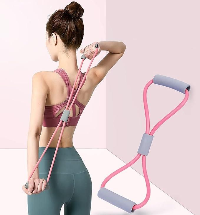 Livingdot pink resistance bands for home gym with comfortable gray handles used by woman in athletic wear