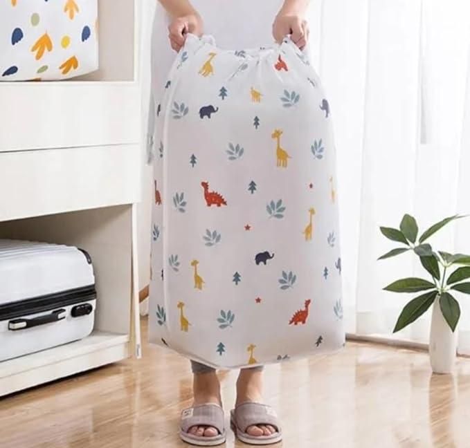Livingdot round quilt storage bag with colorful animal prints held by person in bright room
