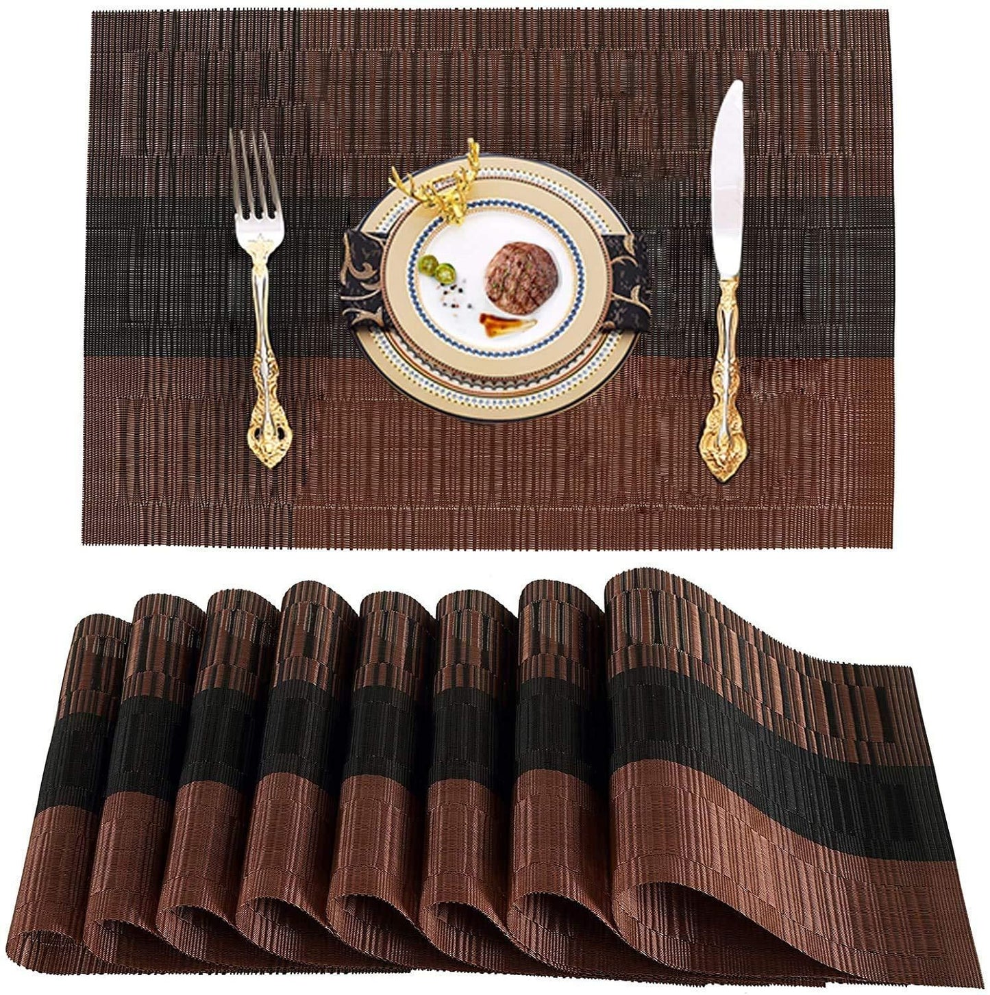 Livingdot stylish brown and black placemats featuring woven texture with elegant gold cutlery and decorative plate