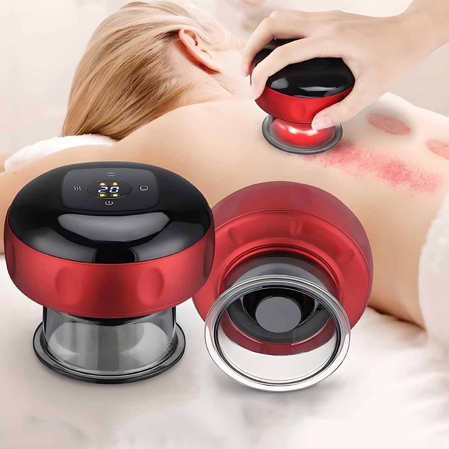 Livingdot temperature adjustable cupping device in red and black used on back for therapeutic massage