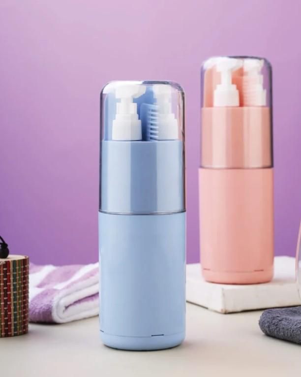 Livingdot travel size personal care kit in blue and pink with pump bottles and clear caps