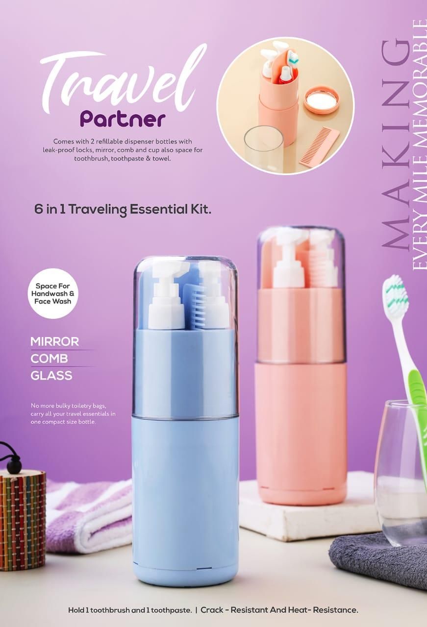 Livingdot travel size personal care kit with refillable bottles mirror comb and glass in blue and pink