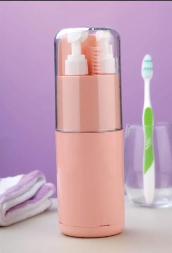 Livingdot travel size personal care kit in pink with pump bottles and toothbrush holder for easy packing