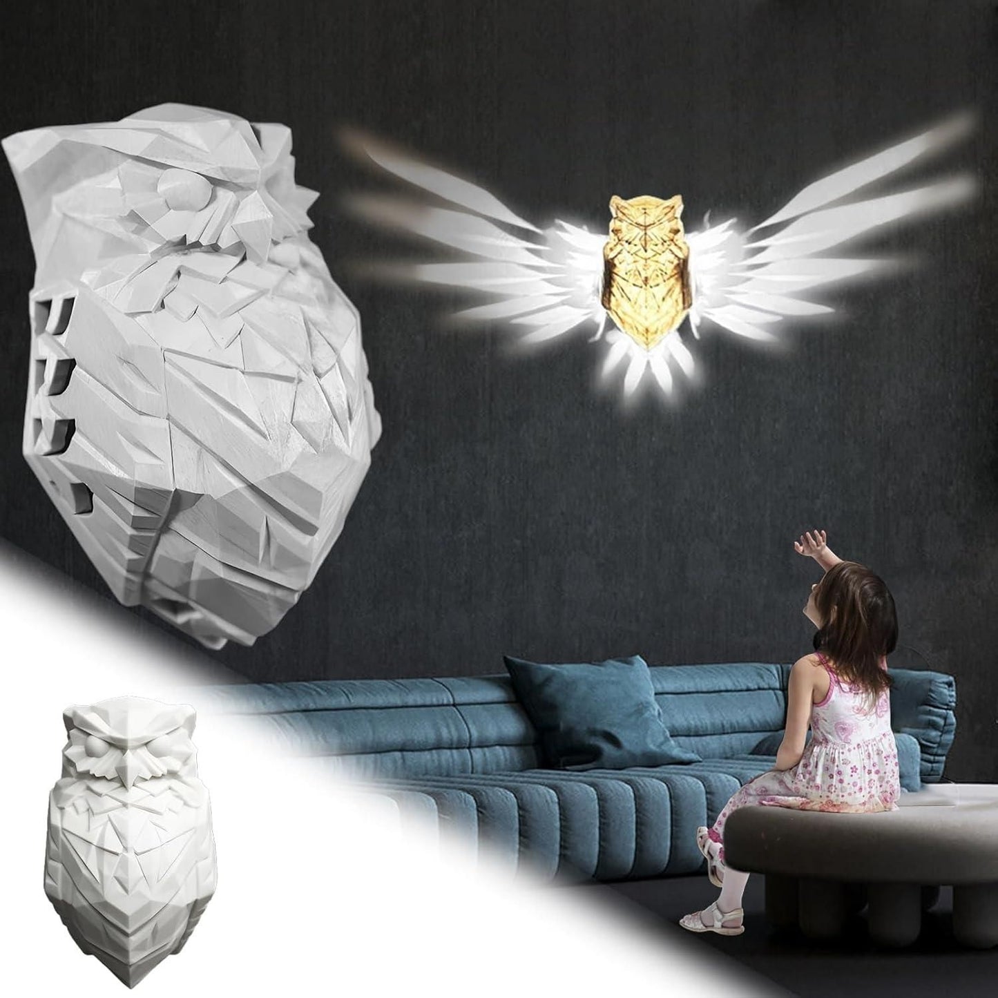 Livingdot unique owl wall light illuminated with wings casting shadows above a modern blue sofa with a child reaching up