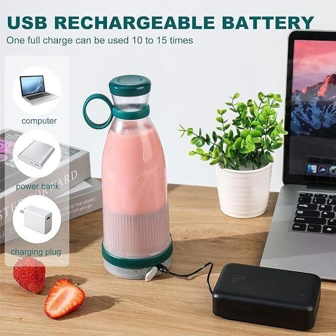 Livingdot portable mini juice blender with USB rechargeable battery connected to power bank on wooden table
