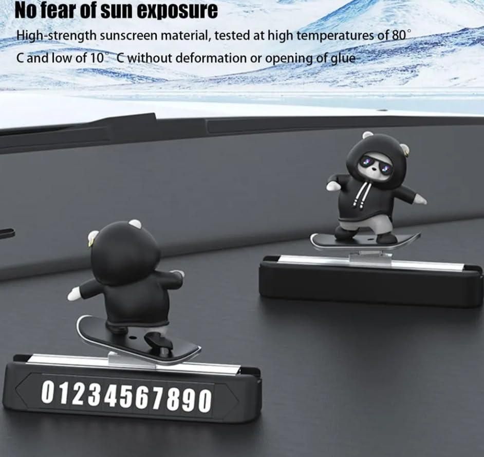 Livingdot cute car dash accessory with two black bear figurines on skateboards and number display